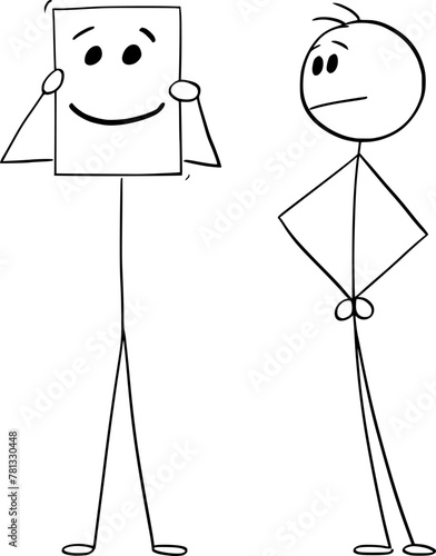 Show or hide your real emotion, sad or smiling, vector cartoon stick figure or character illustration.