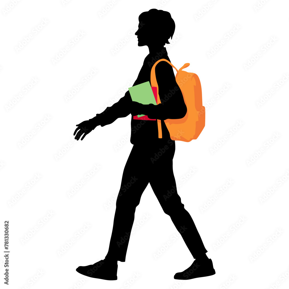 Walking female student with books and a bright backpack in a loose sweater and jeans. Silhouette of young woman on a walk. Vector illustration isolated on white