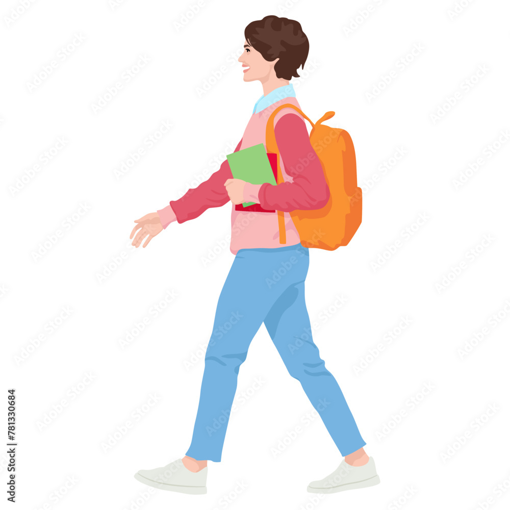 Walking female student with books and a bright backpack in a loose sweater and jeans. Young woman on a walk. Vector illustration isolated on white Walking female student with books and a bright backpack in a loose sweater and jeans. Young woman on a walk. Vector illustration isolated on white