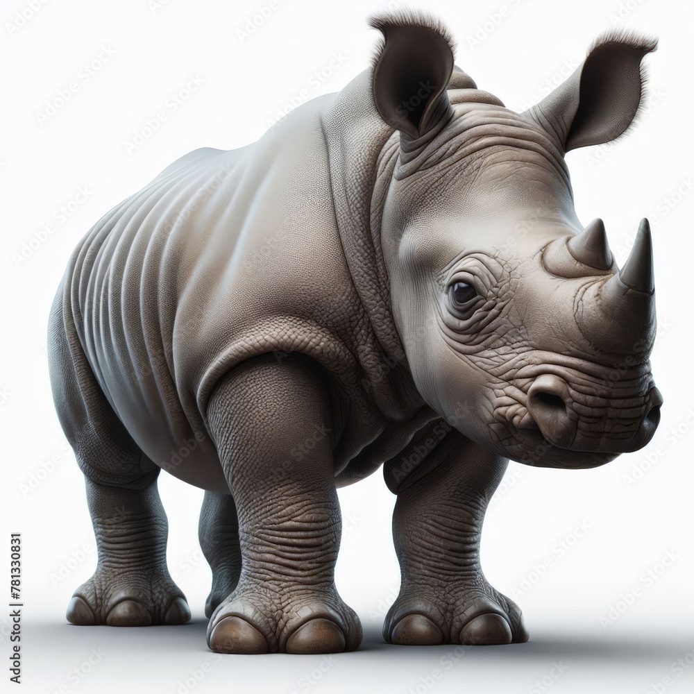 Image of isolated baby rhinoceros against pure white background, ideal for presentations
