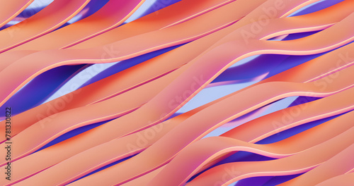 Long orange shiny ribbon lines wriggle like waves on a light background, abstract colored background with stripes, 3d rendering