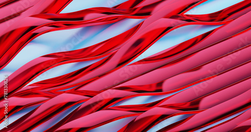 Long red glass shiny ribbon lines wriggle like waves on a light background, abstract colored background with stripes, 3d rendering photo