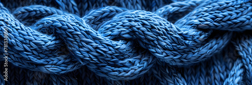 A closeup of a woolen blue sweater with intricate braids, reminiscent of denim and electric blue hues, resembling a rope design