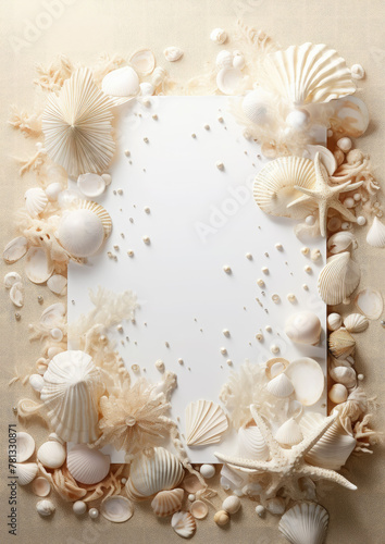 white sheet of paper surrounded by beige shells, design, ornament, patterns, sea, sand, maritime, style, wallpaper, summer, layout, top view, plants, nature, ocean © Julia Zarubina