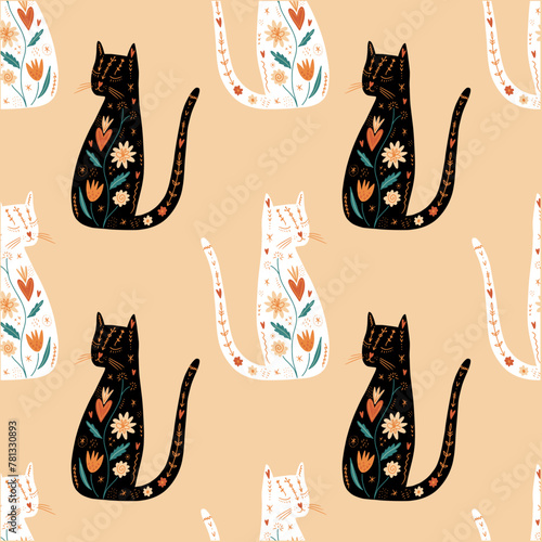 Ornate folk cats boho seamless pattern composition, spring holiday botanical elements, baby party or other holiday black and white cat art
