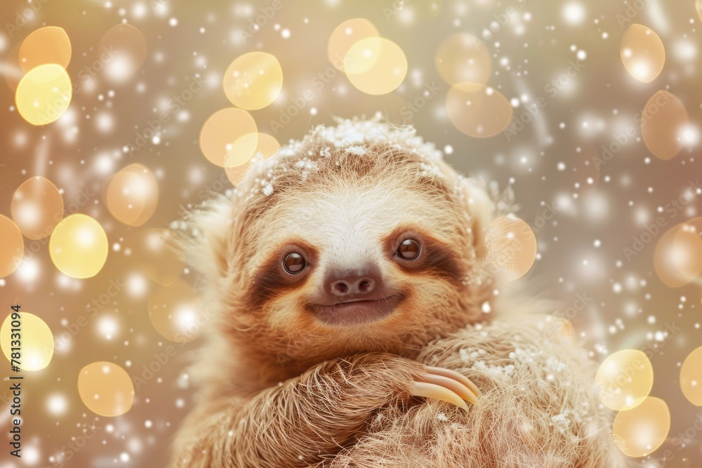 Fototapeta premium A joyous baby sloth enveloped in warm golden lights