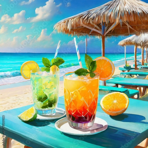 cocktail on the beach.A sun-kissed beach scene with azure waters and powdery white sand  showcasing a beachside cabana bar offering an assortment of vibrant fruit juices and cocktails served in chille