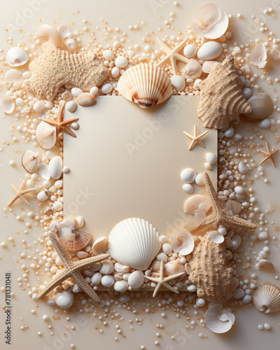 white sheet of paper surrounded by beige shells, design, ornament, patterns, sea, sand, maritime, style, wallpaper, summer, layout, top view, plants, nature, ocean © Julia Zarubina