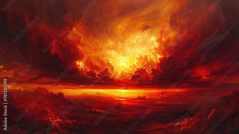 Dramatic Crimson Cloudscape Painting the Sky in Fiery Hues of Sunset over Rugged Landscape - obrazy, fototapety, plakaty 