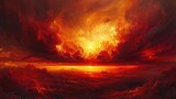 Dramatic Crimson Cloudscape Painting the Sky in Fiery Hues of Sunset over Rugged Landscape