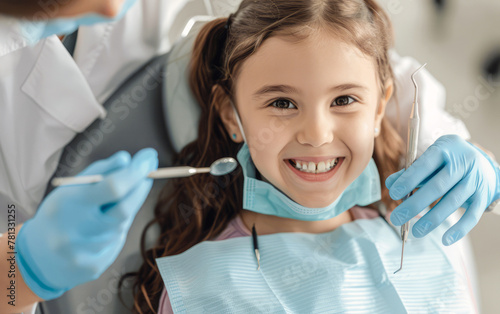 A cheerful girl in a dental chair, radiating joy with her bright smile and relaxed demeanor. Her eyes sparkle with happiness, creating a warm and welcoming atmosphere.