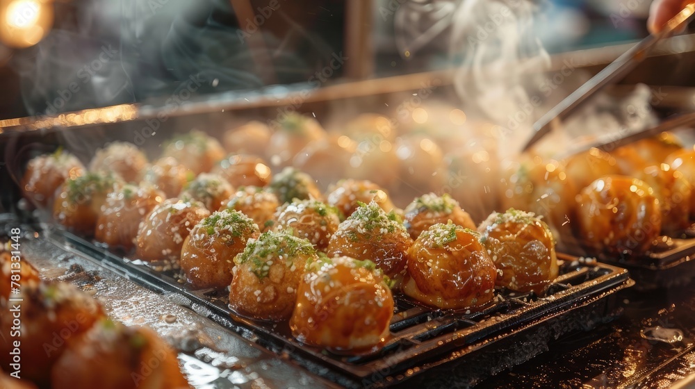 Naklejka premium Lively Osaka Street Scene with Vendors Expertly Flipping Sizzling Takoyaki Balls Topped with Savory Sauces and Bonito Flakes