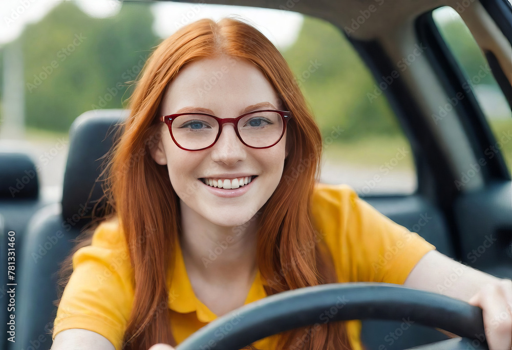 Picture of a confident redhead woman with glasses sitting behind the steering wheel of her car. Picture of a confident redhead woman with glasses sitting behind the steering wheel of her car.