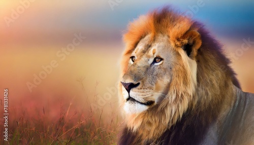 Portrait of a lion in close-up in savannah with gradient effect and with empty space for text. 