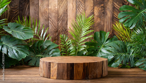 Wooden podium with tropical levaes decoration. Platform for promotion products. Wood panel background: interior design. photo