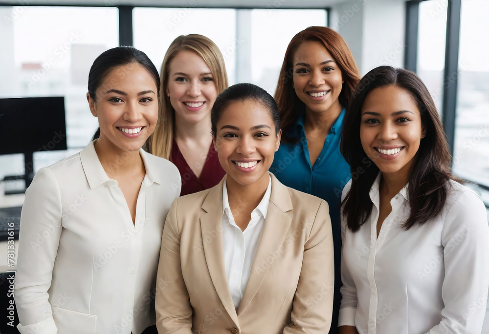 Fototapeta premium Group Photo of DEI Mixed Ethnic Woman in Professional Workplace Environment, Female Workforce Influence Making a Difference in Business and Economy