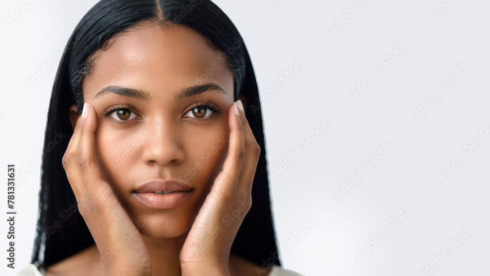 Portrait Close-up Picture of a Concerned and Caring African American Woman, Touch Her Face Skin with Fingers, Worried About Skincare and Stress. Open text or Copy area space for Advertisement Caption. Portrait Close-up Picture of a Concerned and Caring African American Woman, Touch Her Face Skin with Fingers, Worried About Skincare and Stress. Open text or Copy area space for Advertisement Caption.