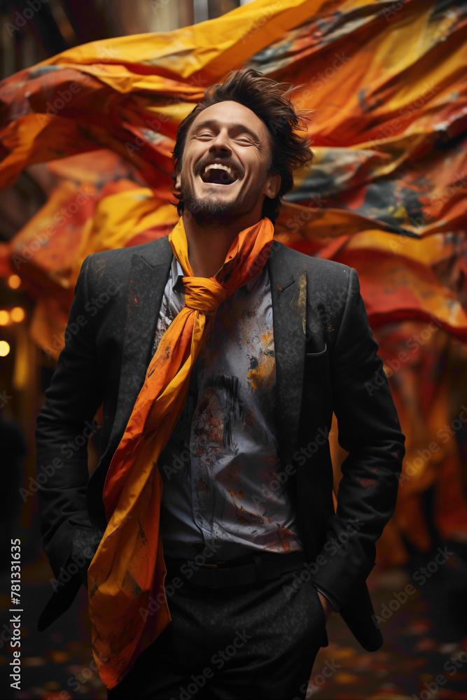 A fashionable male gracefully tossing a colorful scarf in the air, creating a dynamic composition against a lively and cheerful background.