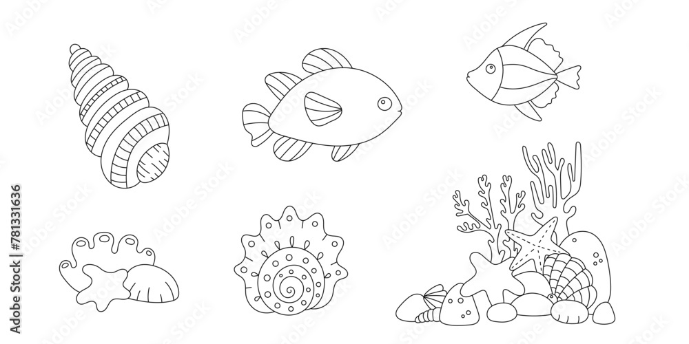 Obraz premium Line art coloring page. Coloring activity for children and adults. Cute fish, seashell, and seastar. Vector doodle.