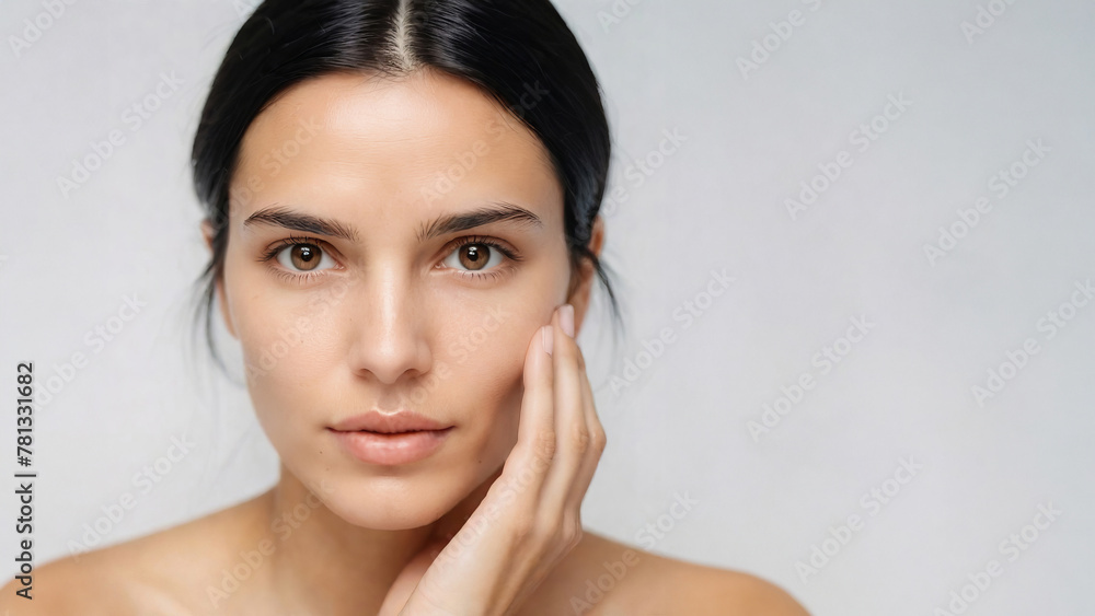 Portrait Close-up Picture of a Concerned and Caring White European Woman, Touch Her Face Skin with Fingers, Worried About Skincare and Stress. Open text or Copy area space for Advertisement Caption. Portrait Close-up Picture of a Concerned and Caring White European Woman, Touch Her Face Skin with Fingers, Worried About Skincare and Stress. Open text or Copy area space for Advertisement Caption.