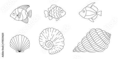 Line art coloring page. Coloring activity for children and adults. Cute fish, seashell, and seastar. Vector doodle.