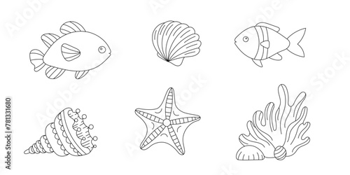 Line art coloring page. Coloring activity for children and adults. Cute fish, seashell, and seastar. Vector doodle.