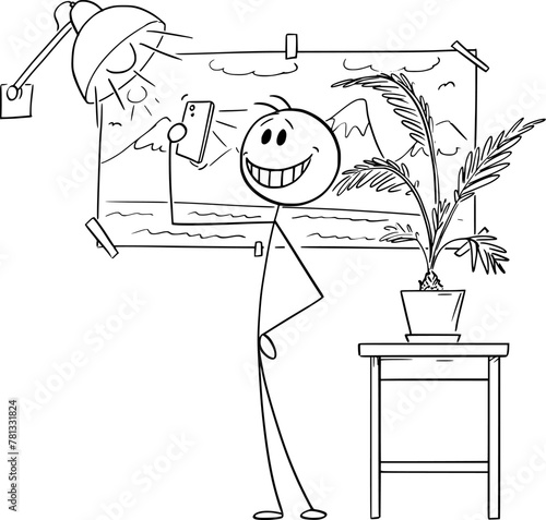 Person taking fake holiday selfie at home, vector cartoon stick figure or character illustration.