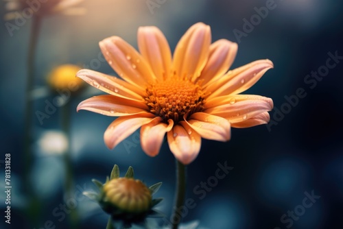Orange flower with water droplets on it in a dark background
