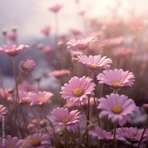 Pink daisies in the sun on a soft background