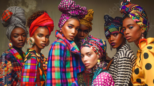 Models showcase eclectic fashion adorned with vibrant attire and bold headwraps, embodying expressive style. photo
