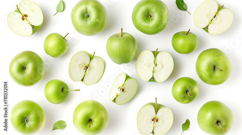 Set of fresh green apples isolated on a white background, top view, presenting a crisp and vibrant collection of apples that capture the essence of health and vitality. photo