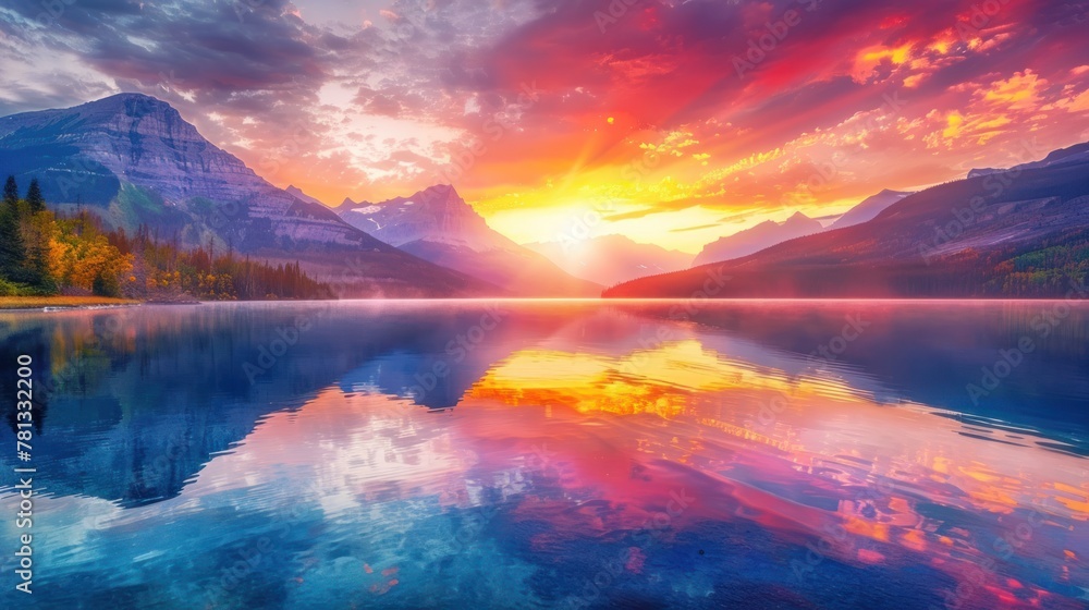 Magic sunrise scene on mountains lake. AI generated