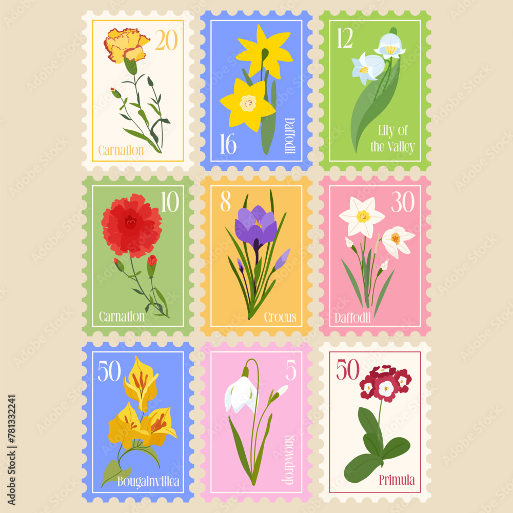 Set of Vector Postage Stamps Illustrations with Spring Flowers. Hand drawn flourish elements. Cute and fancy backdrop for textile, banner, greeting card, invitation, wrapping, scrapbooking, web