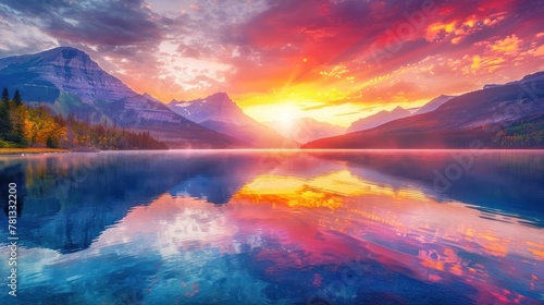 Magic sunrise scene on mountains lake. AI generated © haizah