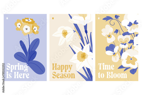 Collection of pastel spring greeting cards vector set. Elegant floral background with garden flower and leaves. Vertical poster or flyer, cover, print