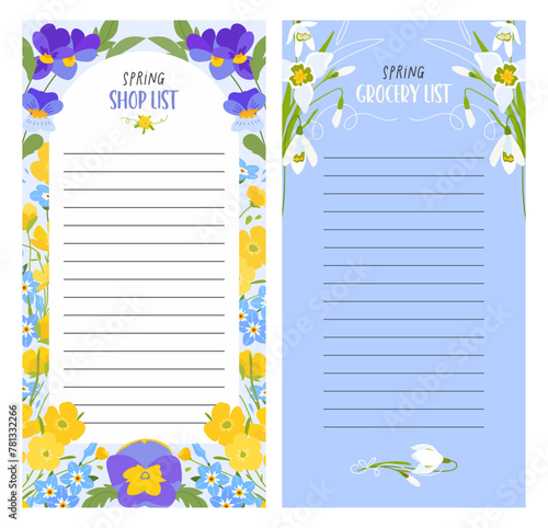 Spring shop  or grocery list template on blue background. Vector illustration in springtime design with myosotis, narcissus, daffodil, buttercup flowers for planner, memory, notes page concept