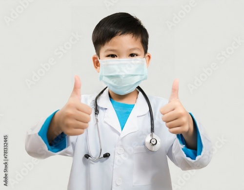 cute asian boy in medical mask showing thumbs up over white background