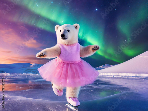 Adorable baby polar bear skating on glacier with stunning aurora dancing in the sky