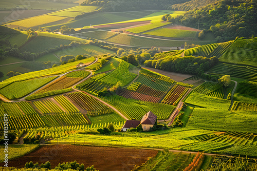 Photo of a valley of vineyards in Burgundy, France. General plan of the landscape and bird's eye view photo