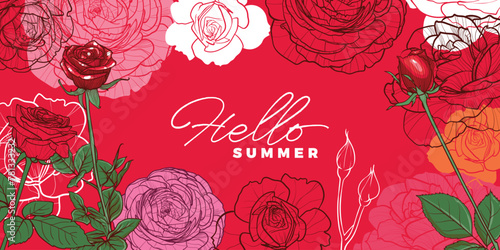 Roses in the background. Vector hand drawn flowers with outline, fills and full vector colors, easy to scale for both online and print projects.
