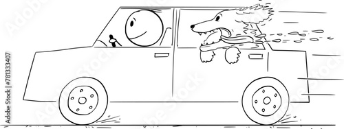 Adventure and dog in the car, vector cartoon stick figure or character illustration.