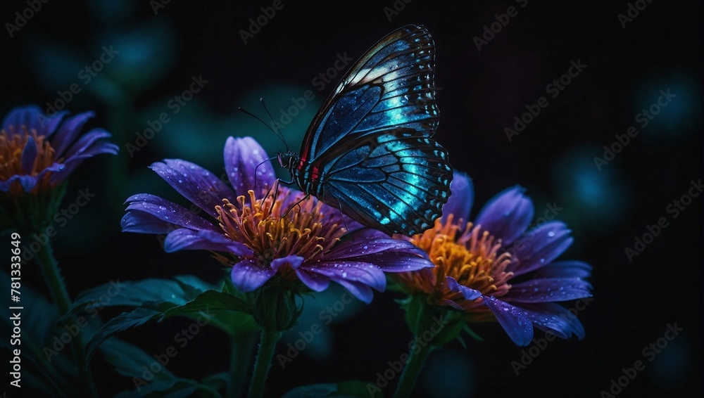 Close up view of butterfly with magnificent wings sitting on the petals of the flower