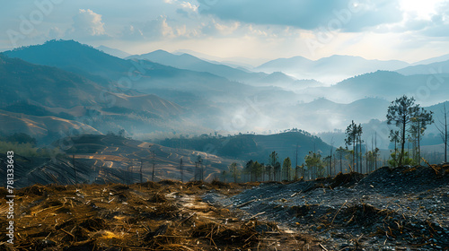 A deforested landscape, with barren hillsides as the background, during illegal logging activities photo