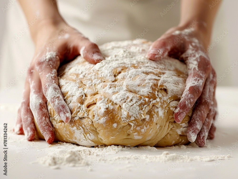 Hands in the act of proofing bread dough, closeup, photorealistic, white background ,ultra HD,clean sharp