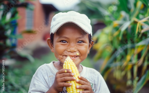Joyful child outdoors enjoying a corn cob  wearing a white cap  with a blurred residential backdrop. Captures the essence of summertime and family gatherings.       