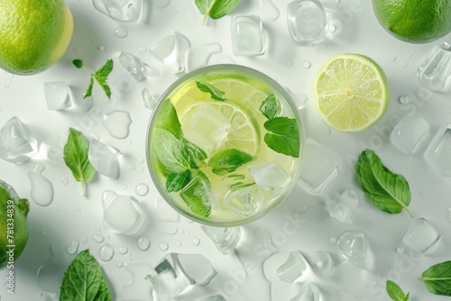A glass of limeade with ice cubes and a lime on the side © vefimov