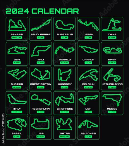 Race tracks, circuit for motorsport and auto sport. Calendar season 2024.
