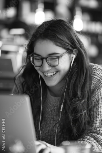 A woman wearing glasses and headphones is smiling while using a laptop. She is enjoying herself and is likely listening to music or watching a video. Concept of relaxation and leisure