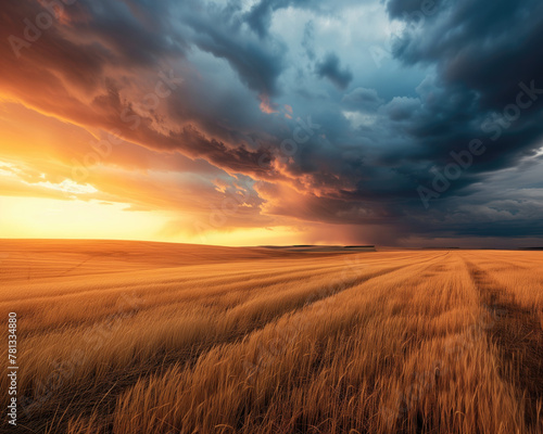 Wheat Field at Sunset U nder a Dramatic Thunderstorm Cloud photo