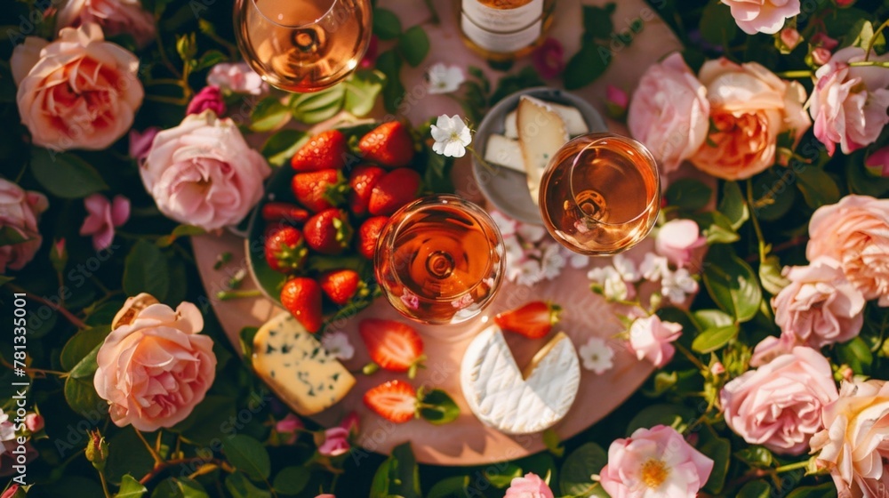 Table with Cheese, Strawberries, and Wine Table with Cheese, Strawberries, and Wine